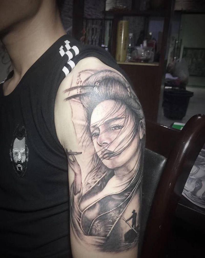 艺伎纹身图片_手臂腿部新传统艺伎纹身图案