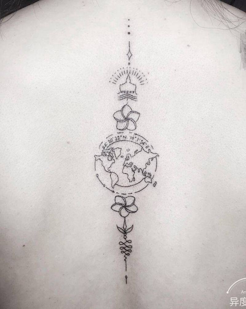 地图纹身图片_背部腿部点刺几何地图刺符纹身图案