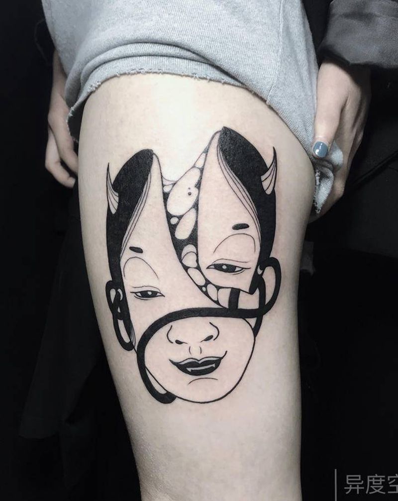 日式面具纹身图片_腿部背部老传统图腾面具纹身图案
