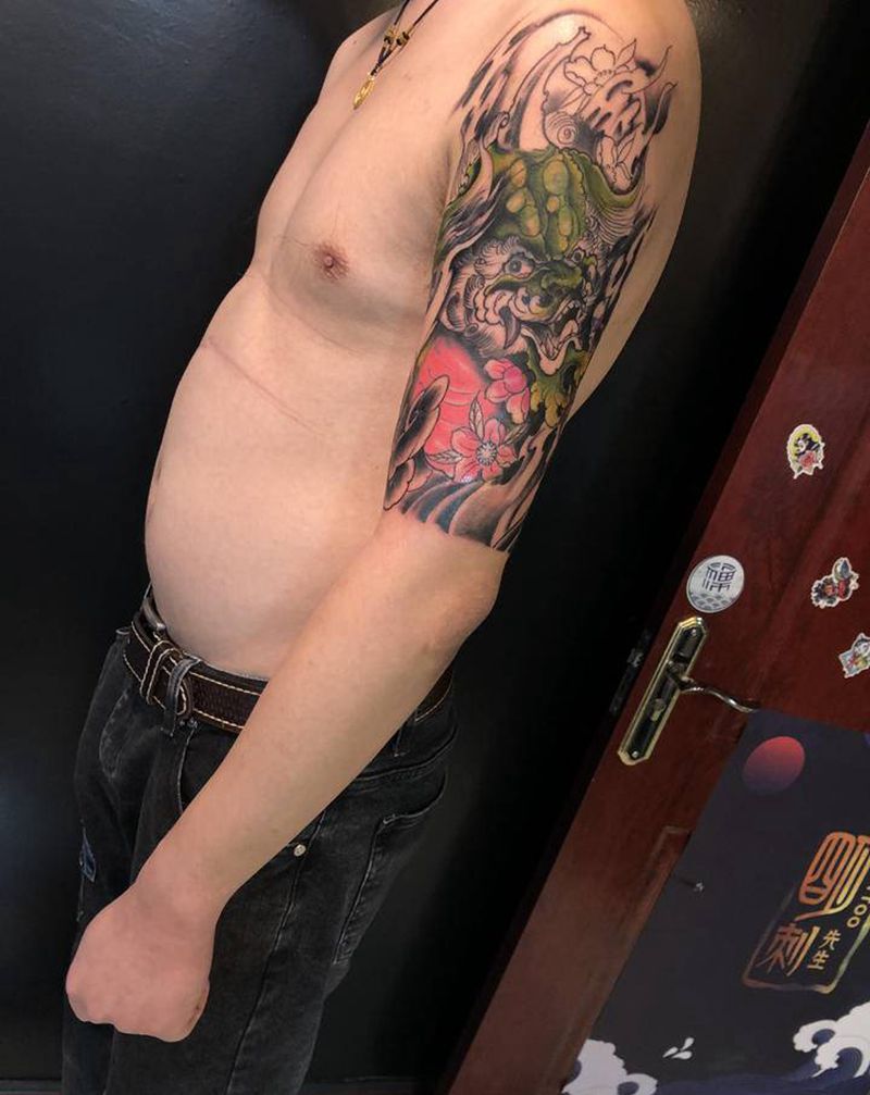 唐狮遮盖纹身图片_手臂新传统纹身图案