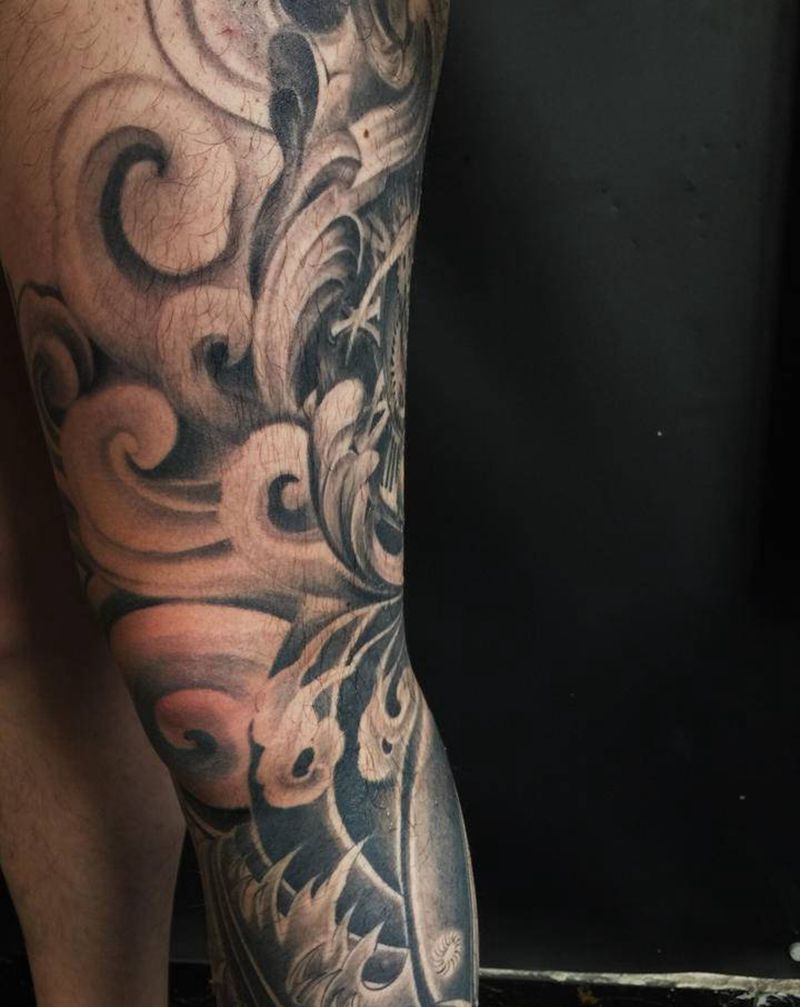 欧美时钟接老传统纹身图片_腿部纹身图案