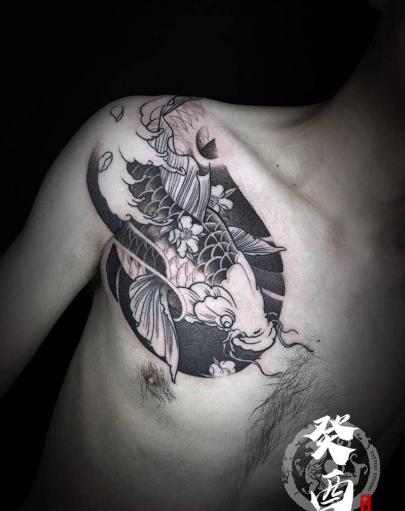 锦鲤（未完）纹身图片_胸部新传统纹身图案