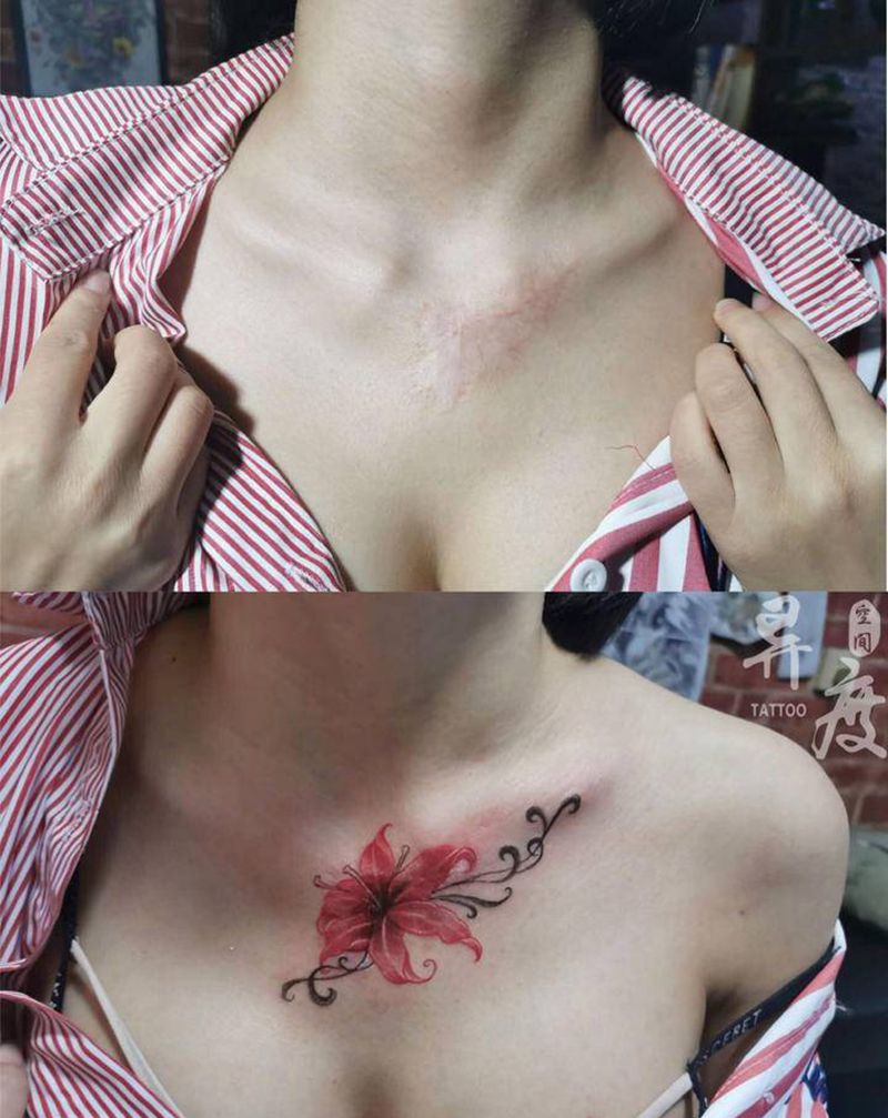 疤痕遮盖纹身图片_颈部肩部纹身图案