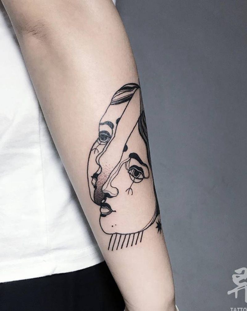 线条纹身图片_手臂腿部点刺几何女郎线条纹身图案