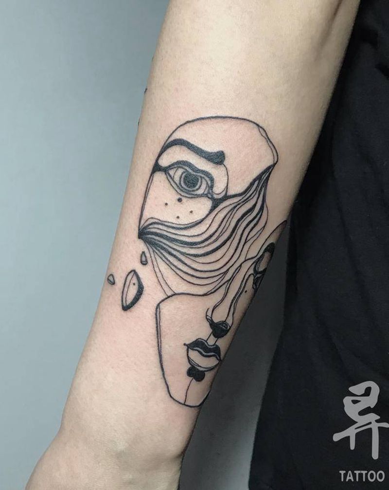 线条纹身图片_手臂腿部点刺几何人物纹身图案