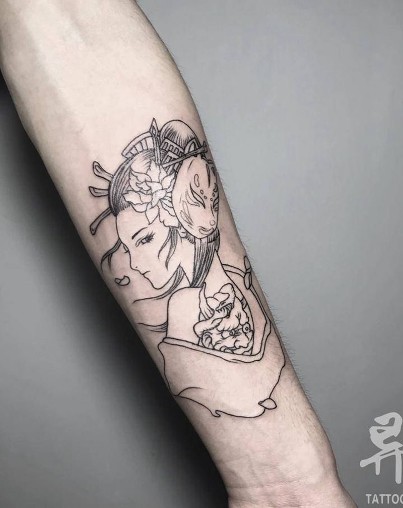 艺伎线条纹身图片_手臂腿部新传统艺伎纹身图案