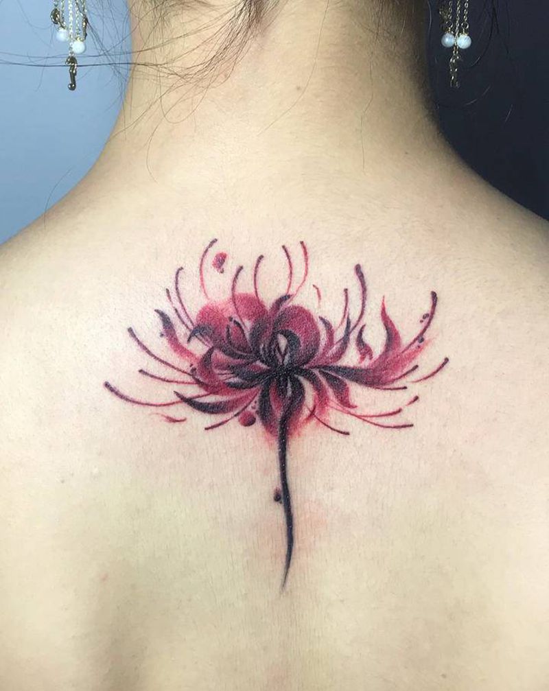 彼岸花纹身图片_背部水墨水彩石蒜彼岸花纹身图案