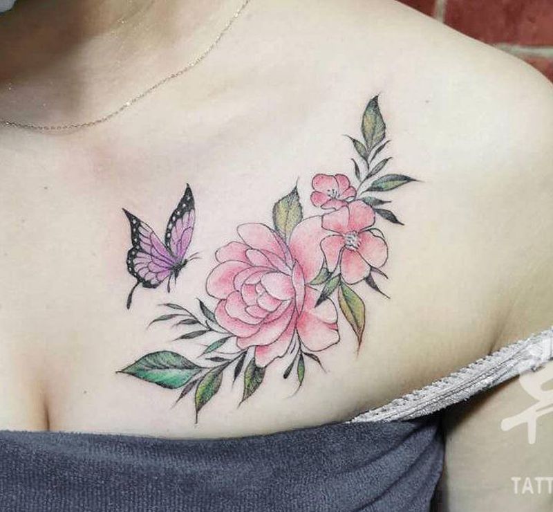 彩色素花纹身图片_胸部肩部水彩素花淡彩纹身图案