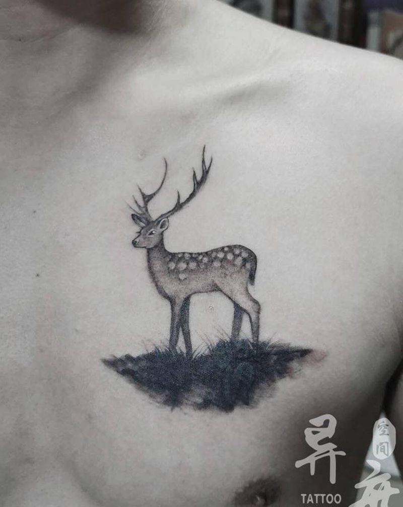 遮盖纹身图片_胸部点刺鹿纹身图案