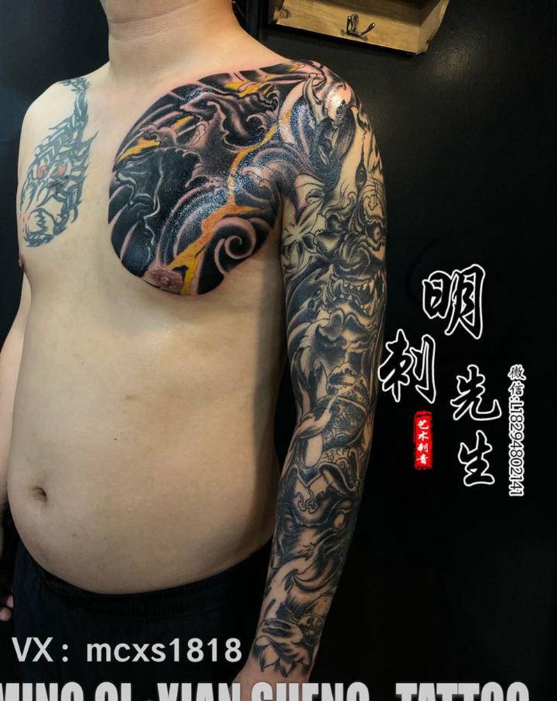 花臂  半胛遮盖纹身图片_手部手臂新传统纹身图案