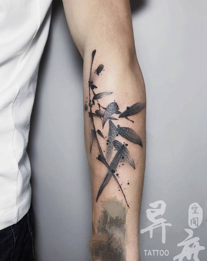 竹叶纹身图片_手臂腿部水墨水彩竹子纹身图案