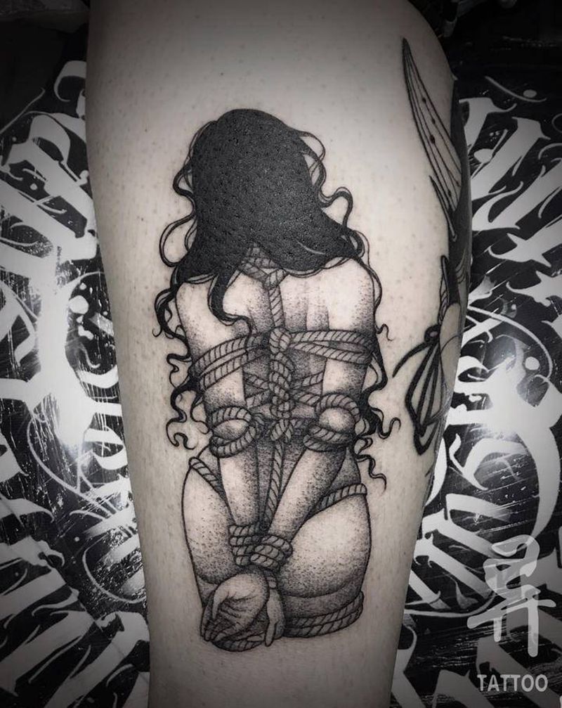 捆绑纹身图片_腿部手臂点刺捆绑欧美纹身图案