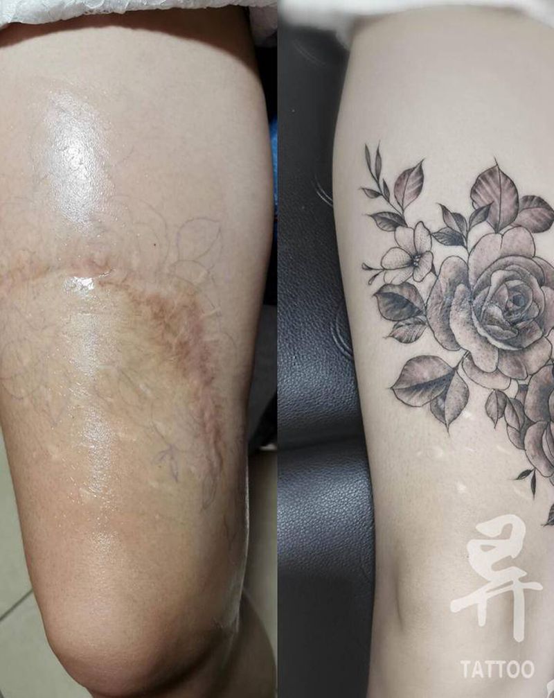 素花纹身图片_腿部点刺疤痕遮盖纹身图案