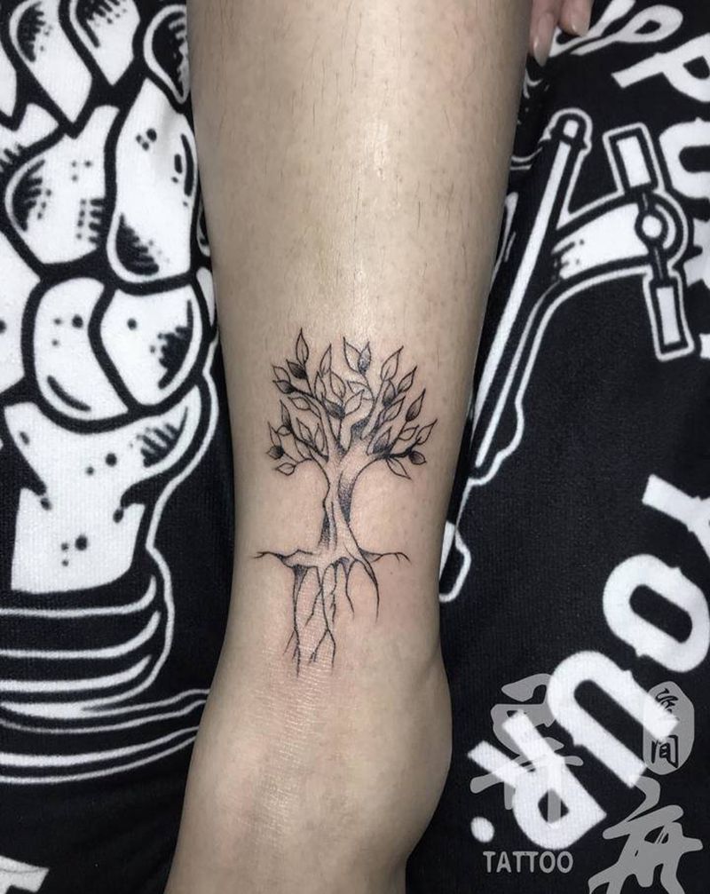 树纹身图片_腿部脚部点刺纹身图案