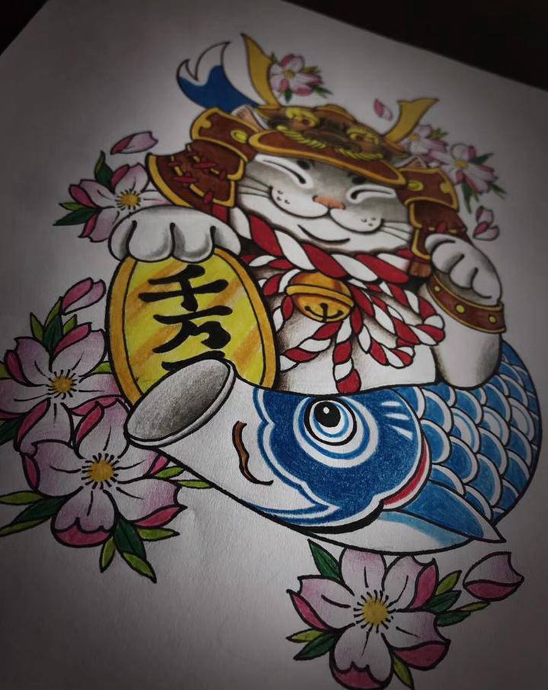 招财猫纹身图片_手稿纹身图案