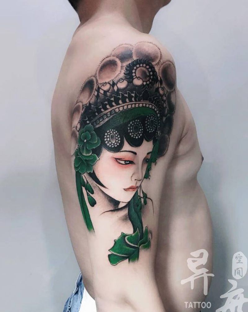 花旦纹身图片_手臂水墨疤痕遮盖纹身图案