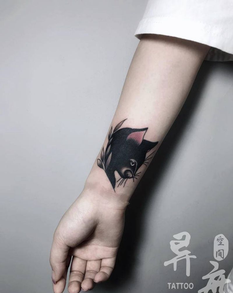 遮盖作品纹身图片_手臂老传统Old School黑猫纹身图案