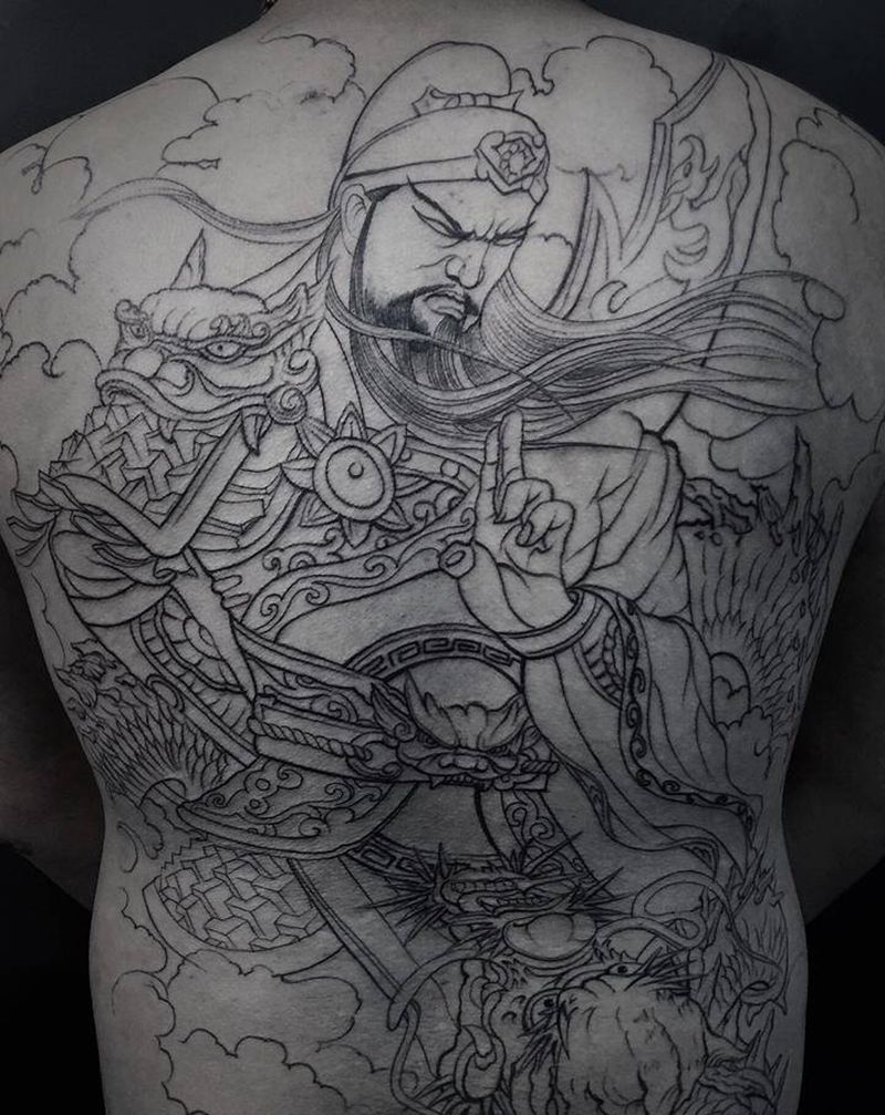 关公线条纹身图片_背部纹身图案