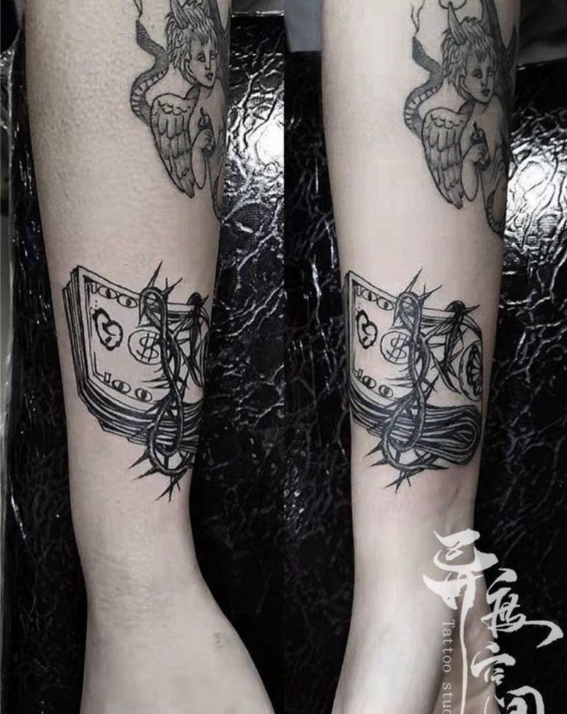 美元纹身图片_手臂腿部欧美写实点刺美金纹身图案