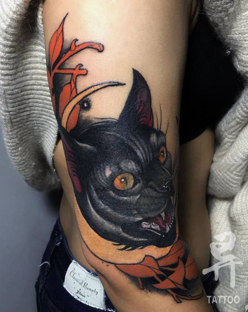 遮盖作品纹身图片_手臂New School遮盖猫黑猫纹身图案