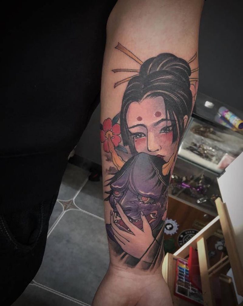 艺姬纹身图片_手臂新传统纹身图案