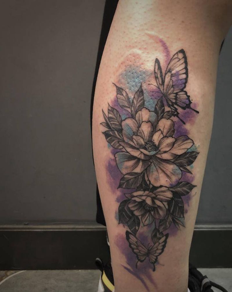 水彩素花纹身图片_腿部水彩纹身图案