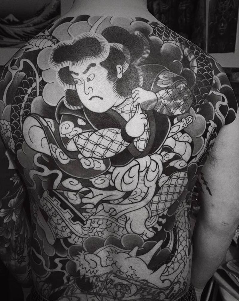 云龙九郎遮盖未完成纹身图片_背部纹身图案