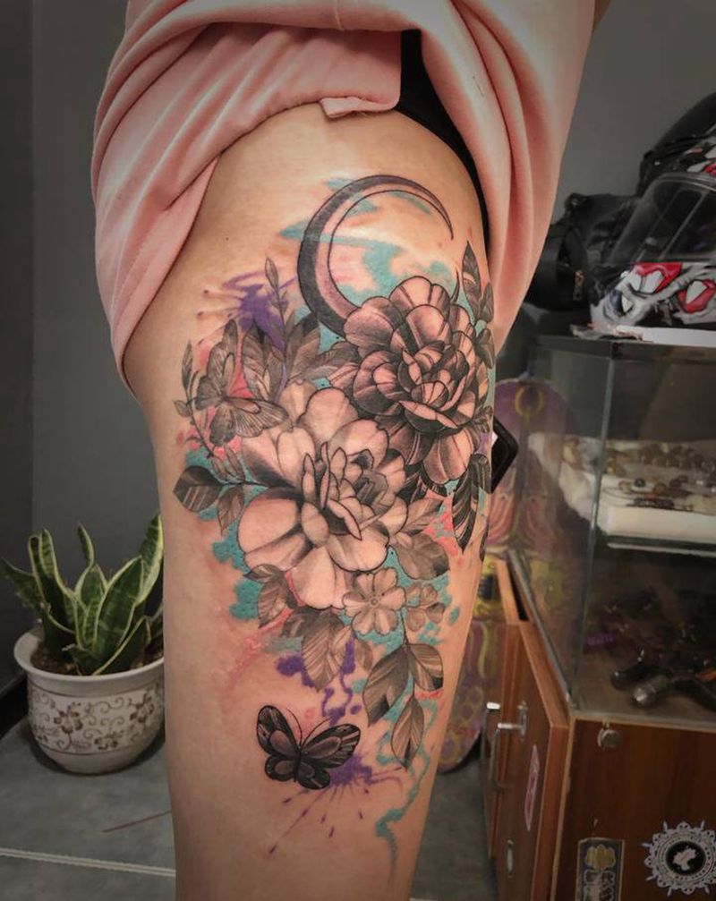 水彩素花纹身图片_腿部水彩纹身图案