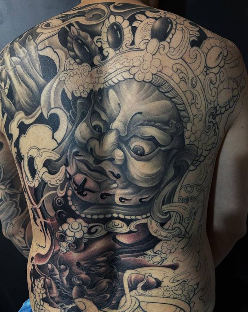黄财神纹身图片_背部新传统纹身图案