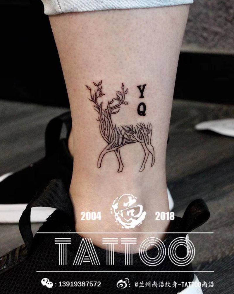 线条鹿纹身图片_腿部图腾几何纹身图案