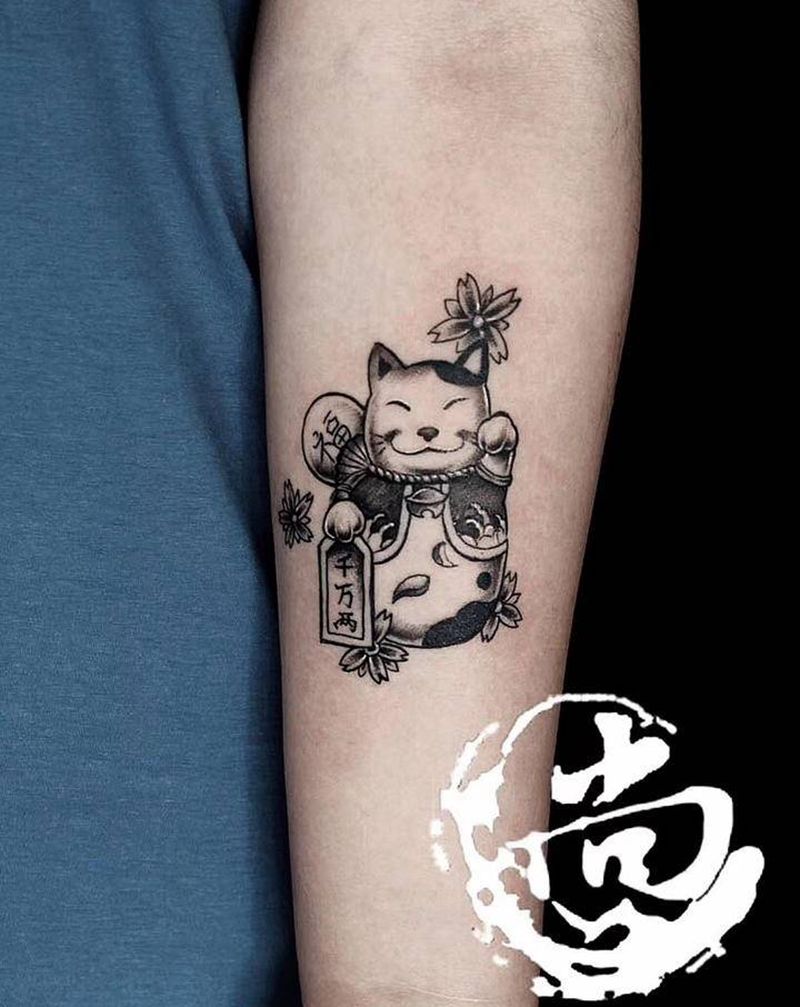 招财猫纹身图片_New School纹身图案