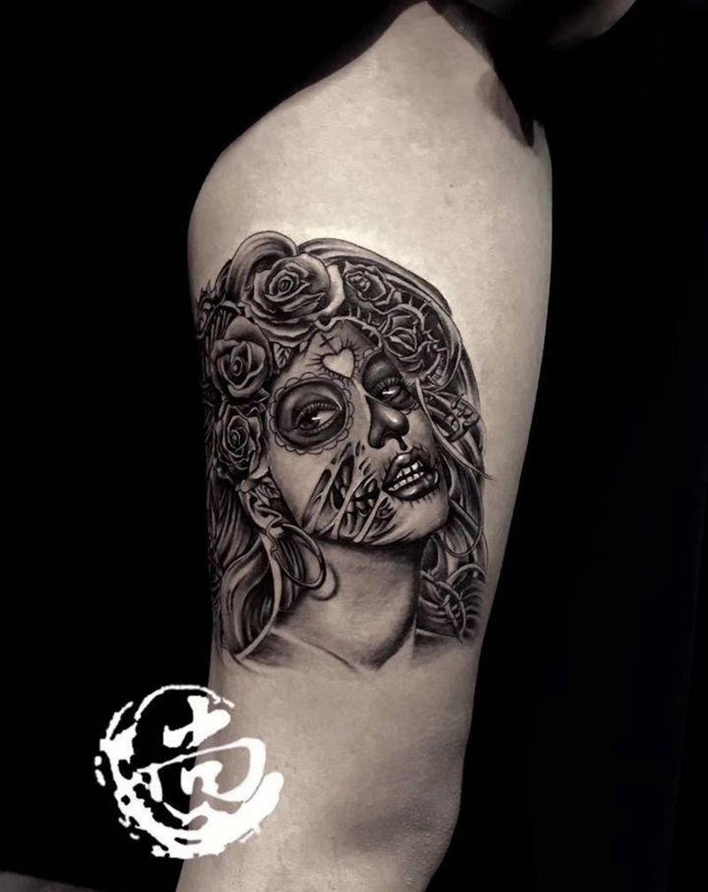 骷髅女纹身图片_欧美写实纹身图案