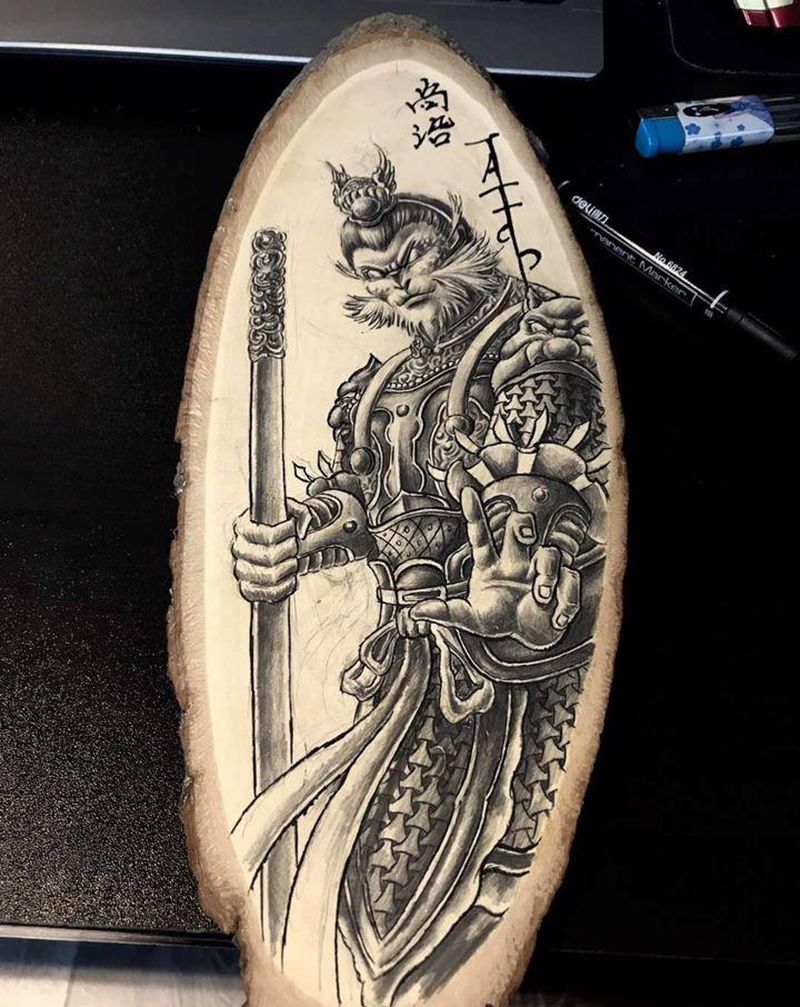 原创木板大圣纹身图片_新传统纹身图案