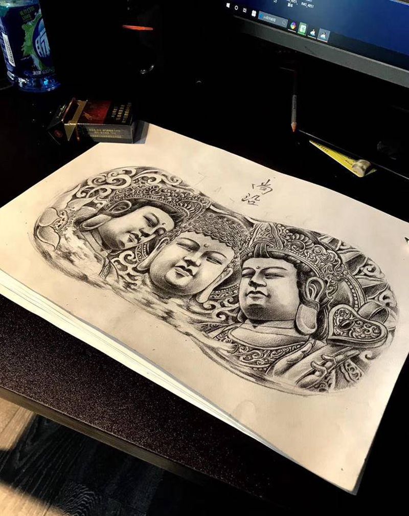 原创前胸三圣佛纹身图片_新传统纹身图案