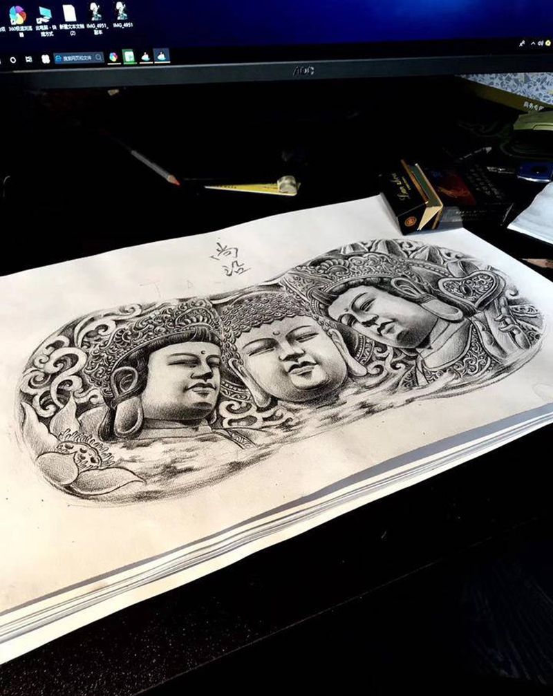 原创前胸三圣佛纹身图片_新传统纹身图案