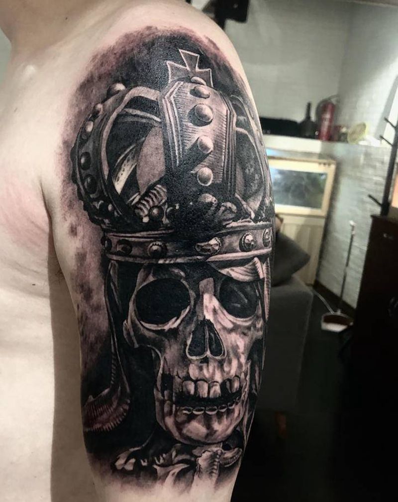 国王纹身图片_手臂欧美写实皇冠骷髅国王纹身图案