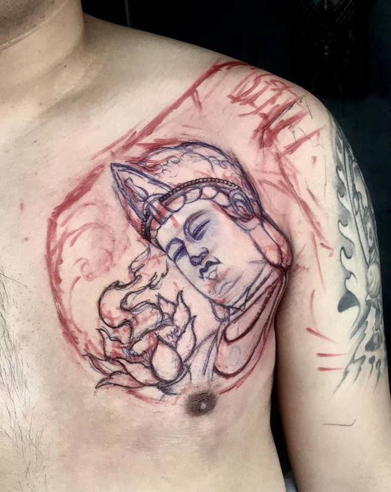 原创佛纹身图片_胸部新传统纹身图案