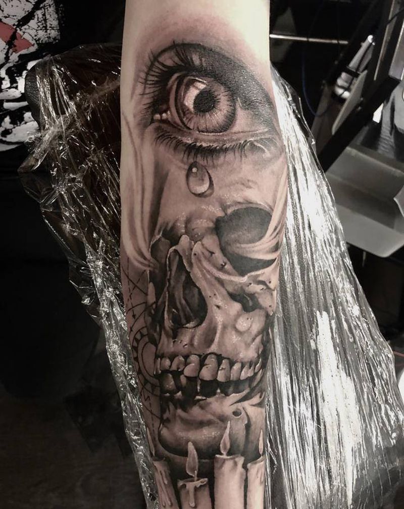 凝视纹身图片_手臂欧美写实骷髅眼眼泪纹身图案