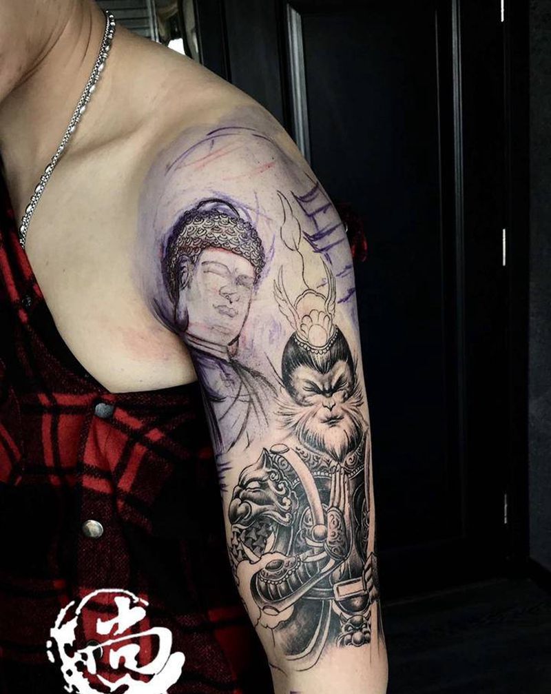 原创猴归佛门纹身图片_手臂新传统纹身图案