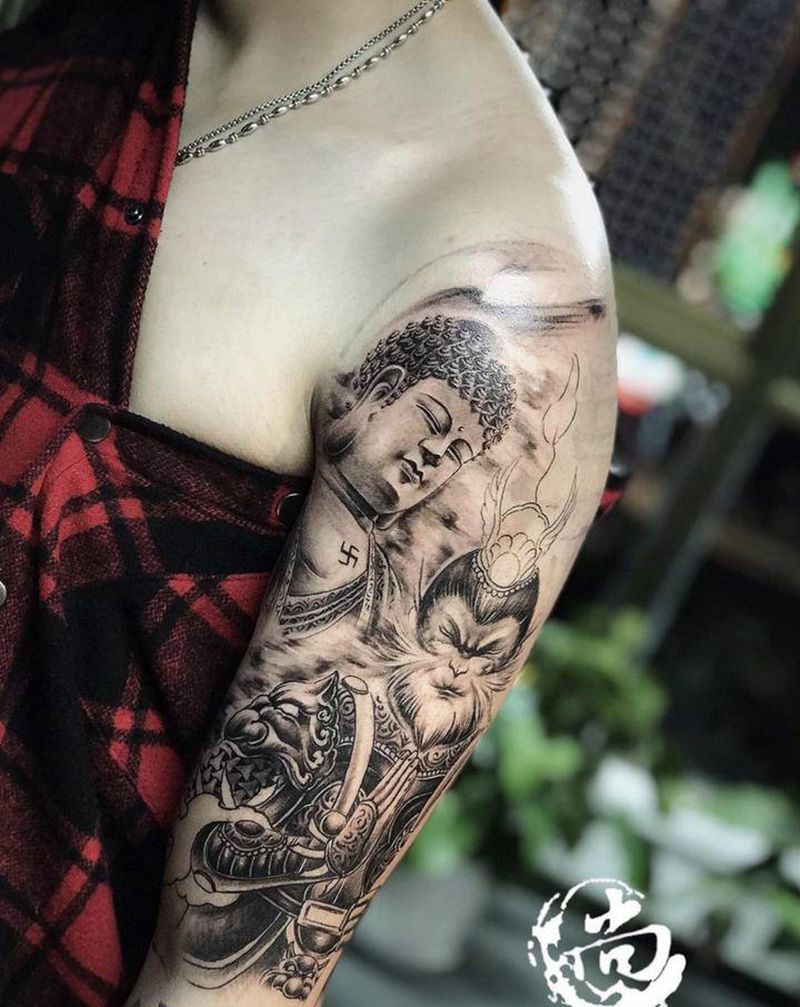 原创猴归佛门纹身图片_手臂新传统纹身图案