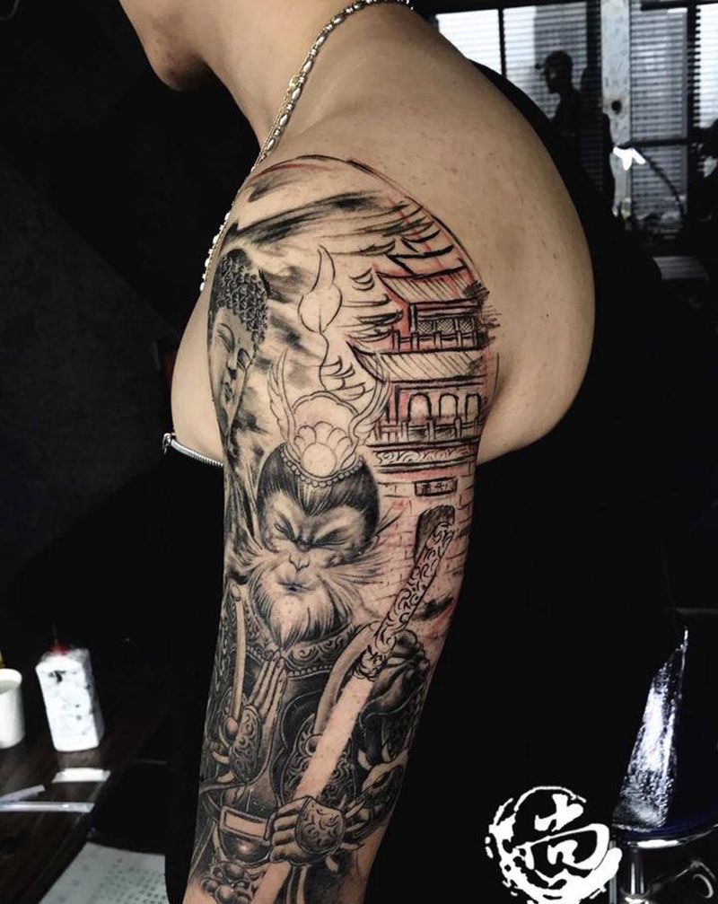 原创猴归佛门纹身图片_手臂新传统纹身图案