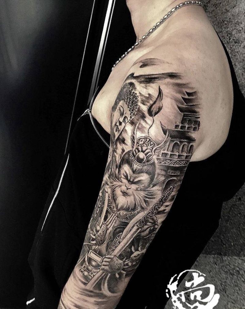 原创猴归佛门纹身图片_手臂新传统纹身图案