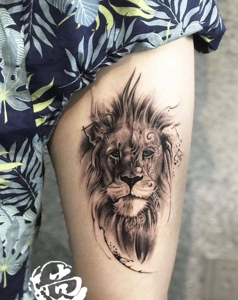 小狮子纹身图片_腿部欧美写实New School纹身图案