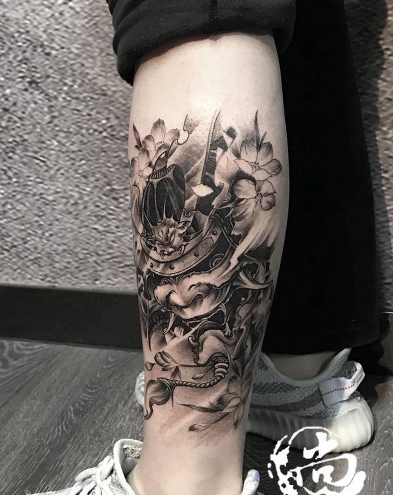 鬼武士纹身图片_腿部新传统纹身图案