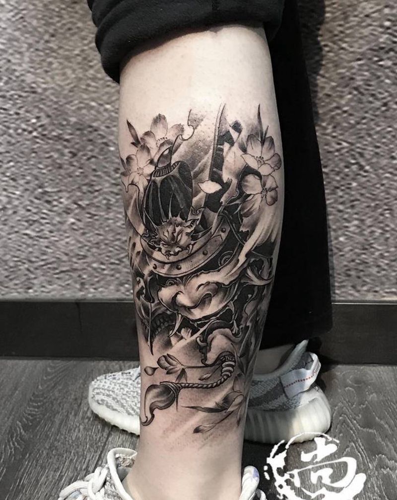 鬼武士纹身图片_腿部新传统纹身图案