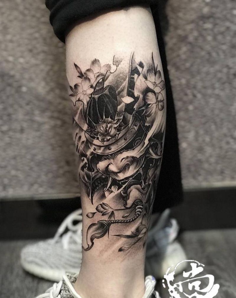 鬼武士纹身图片_腿部新传统纹身图案