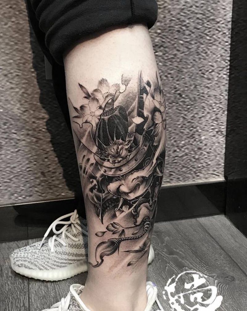 鬼武士纹身图片_腿部新传统纹身图案