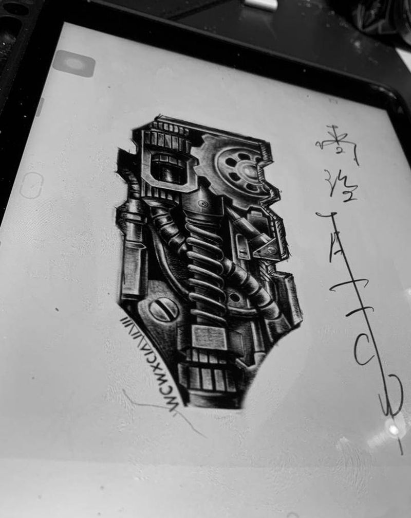 原创机械手稿纹身图片_欧美写实纹身图案