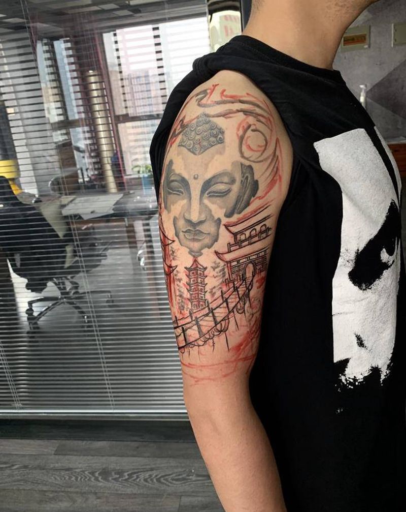 佛衔接纹身图片_手臂新传统纹身图案