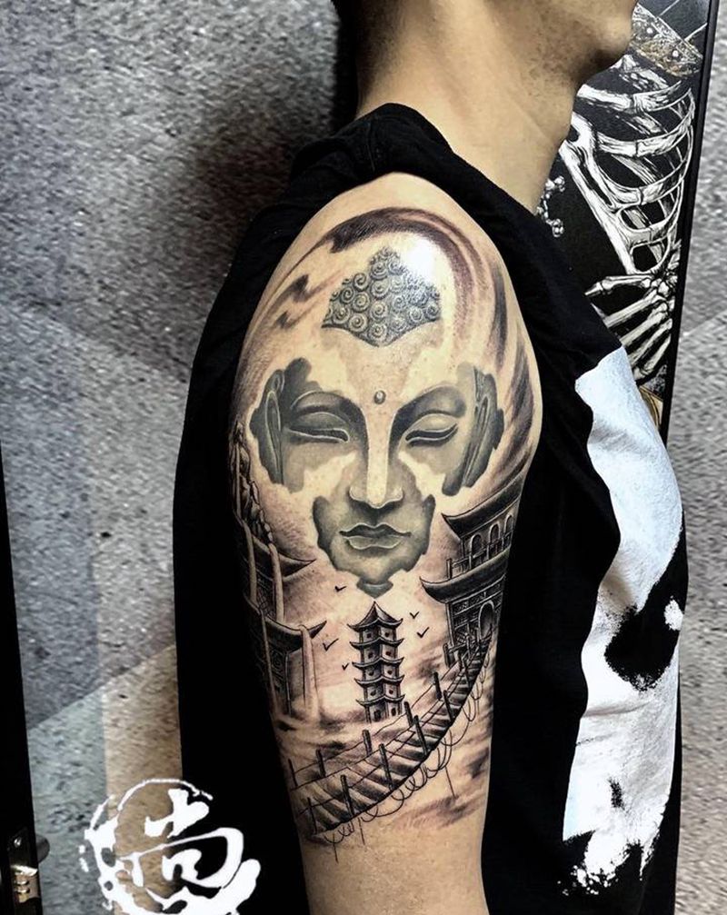 佛衔接纹身图片_手臂新传统纹身图案